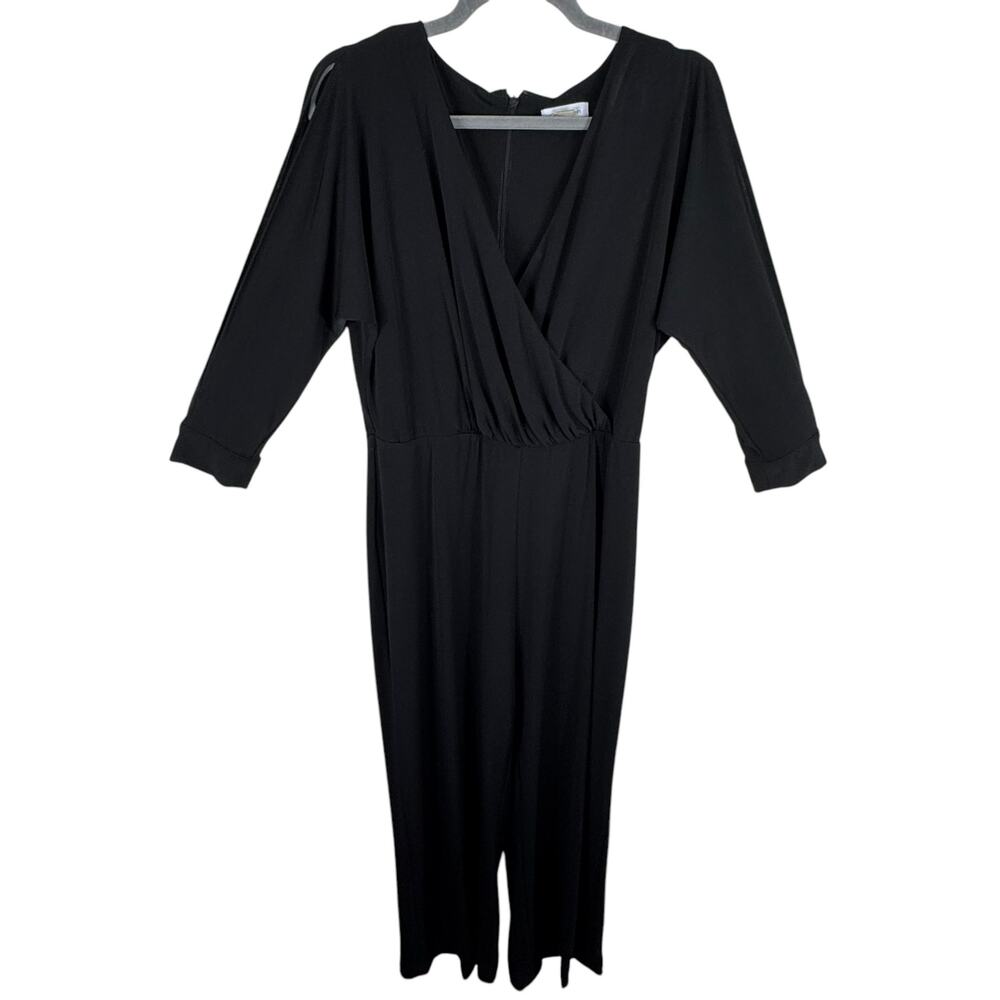 Calvin Klein Black Faux Wrap Ruched 3/4 Slit Sleeve‎ Jumpsuit Dark Feminine 10